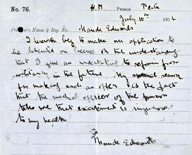 Maude Edward's request for release from Perth Prison, National Records of Scotland reference: HH16/47